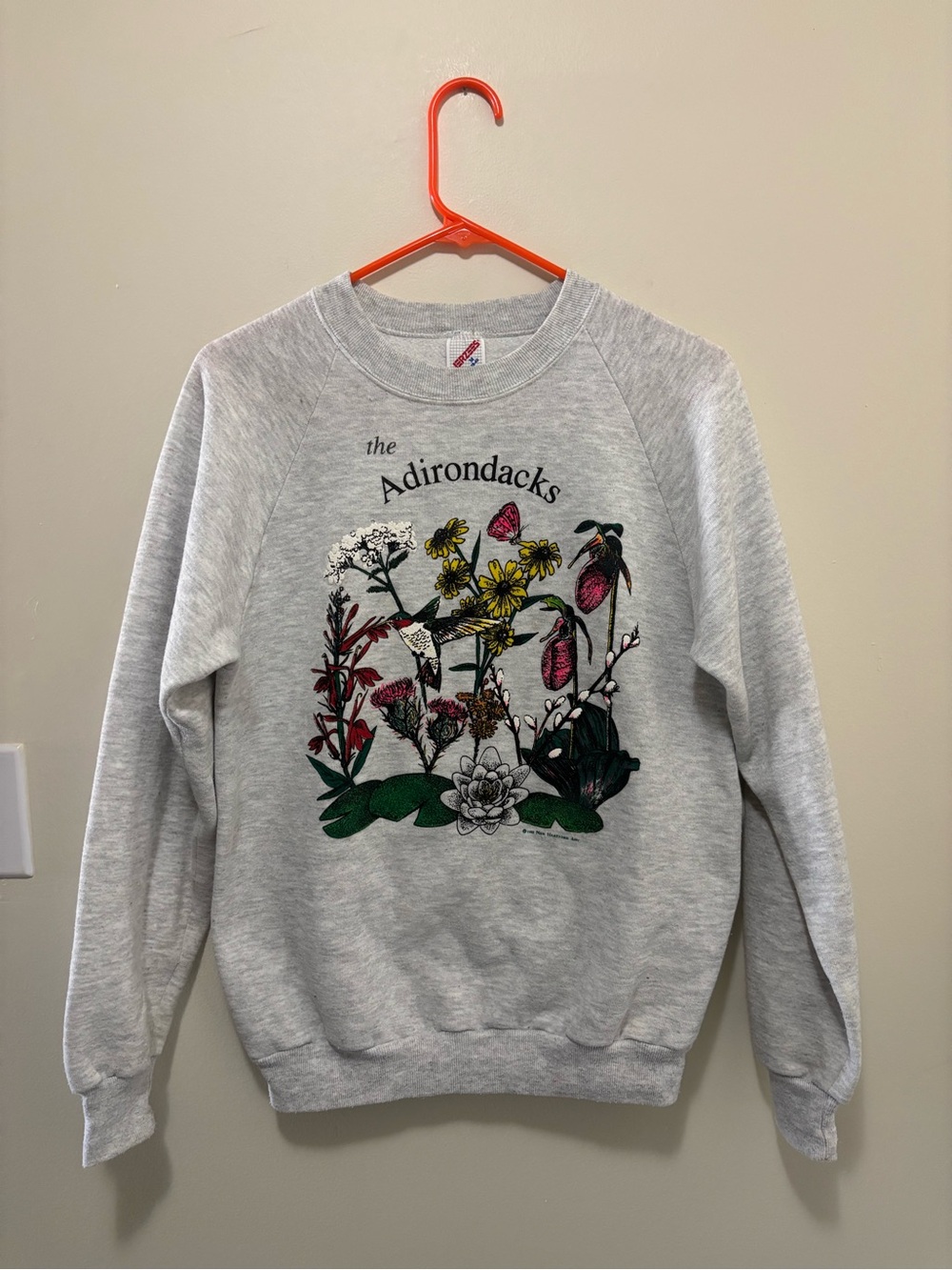Vintage 1992 The Adirondacks Floral Botanical Hummingbird Jerzees Sweatshirt